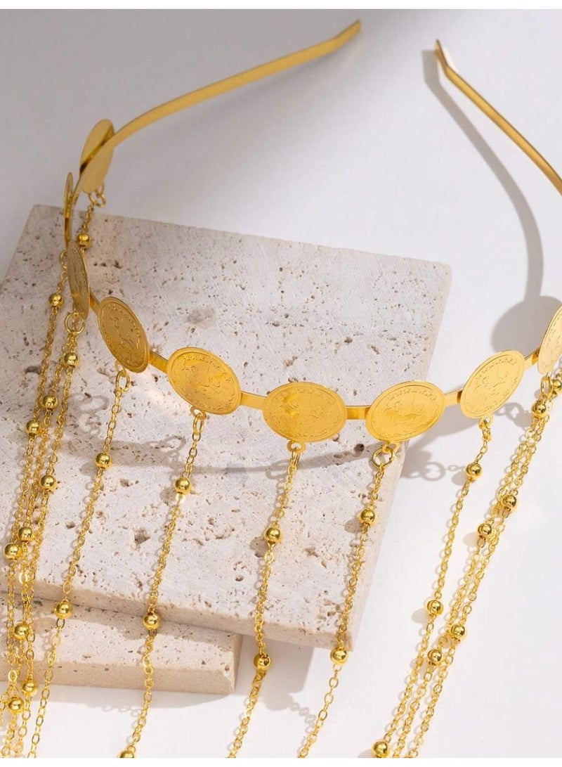 زينة يوم التأسيس السعودي طوق رأس نسائي ذهبي بسلاسل متدلية وتصميم عملات – إكسسوار فاخر لاحتفالات يوم التأسيس والمناسبات الخاصة - Image 2